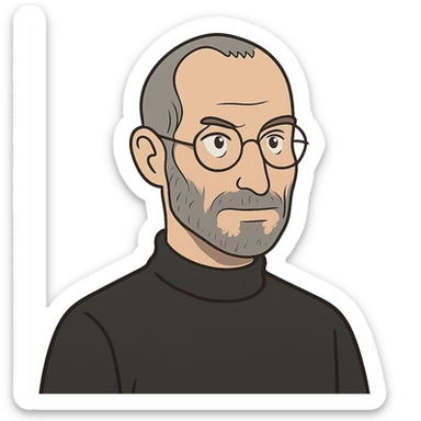flat toon style portrait of Steve Jobs, turtleneck, glasses, no background sticker