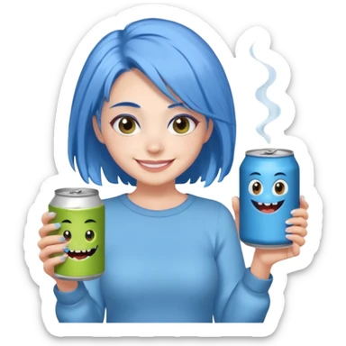 Chibi sticker of a woman with powder blue hair, lower back length, with white eyes hold a can of Monster with a smug smile; cozy cartoon style sticker