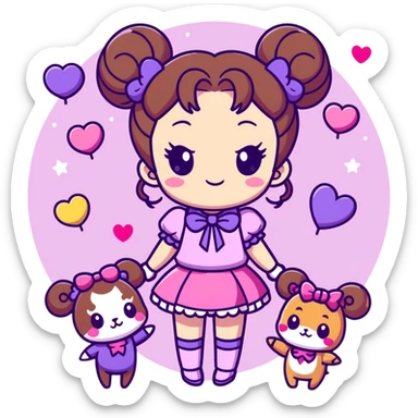 A sparkly magical girl with brown hair in twin buns, wearing a pink and purple outfit, surrounded by glitter, hearts, and animals — in chibi anime style. sticker