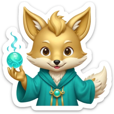 Cute chibi teal fox-dragon emoji with small antler horns, playful face with tongue out, swirl eyebrows, gold forehead mark, teal-gold robe, holding glowing blue orbs, soft pastel vector style. sticker