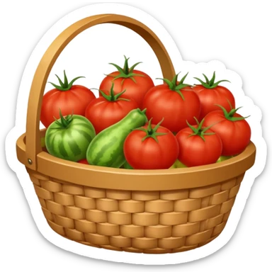 It is an image of fruits including tomatoes in the basket, and there are 5 to 6 fruits sticker
