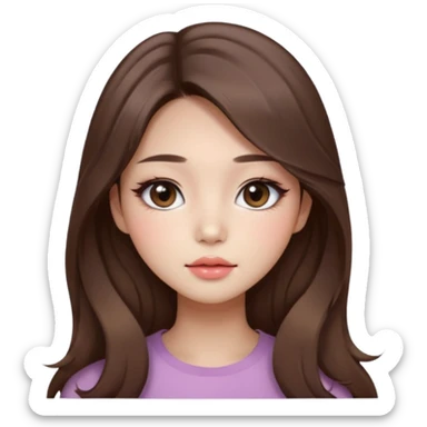 “korean straight brown hair Emoji girl, soft eyeliner and blush, gradient lips, light brown shimmer eyeshadow, long wavy hair,  sticker