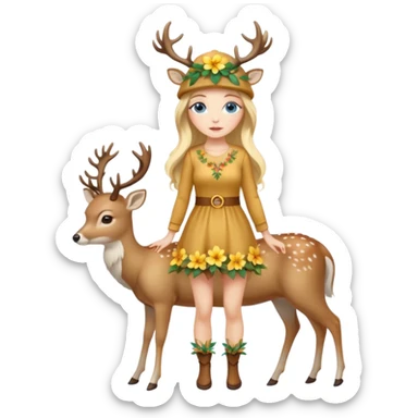 full body woman long blonde hair blue eyes white skin wearing deer hat and golden flower dress sticker