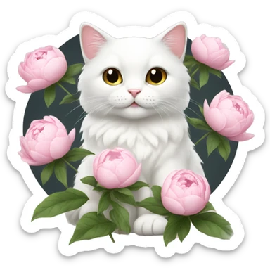 cute white cat holding light pink peonies sticker