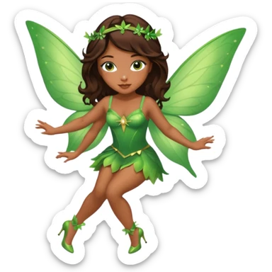 Pretty girl with caramel skin. Dark brown hair and brown eyes. She has freckles. Wearing sexy makeup. Wearing a green fairy costume and heels and flying sticker