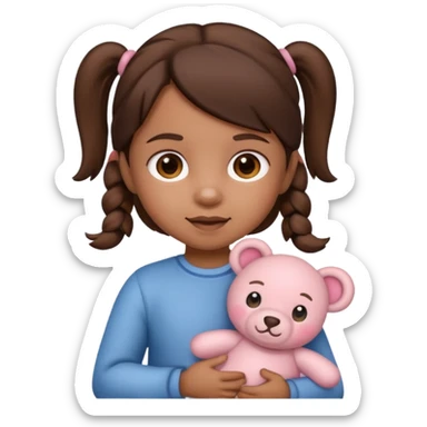 Toddler emoji with two pigtails dark brown hair holding stuff sticker
