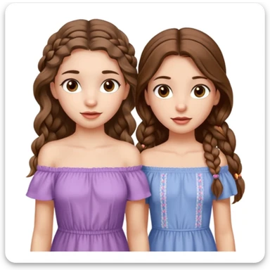 Two girls. The first one is very tall, has mid length brown very wavy hair, full lips, hazel eyes, wearing a cute off shoulder summer dress, she is also thin. The other one, quite shorter, long brown straight hair in one braid, hazel eyes. She is athletic a little bit.  sticker