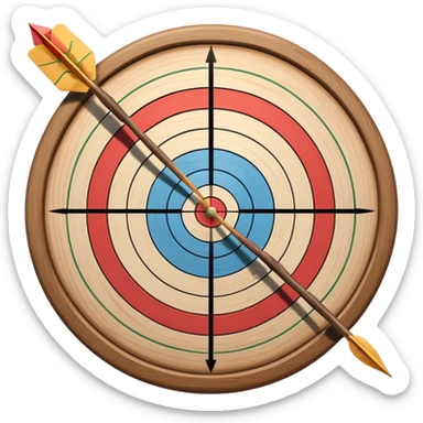 A bow with an arrow drawn back, aimed at a target with concentric rings. The background suggests a calm, outdoor archery range, emphasizing the precision, focus, and skill required in archery as a competitive sport. sticker