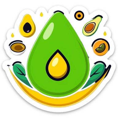 Floating aura in the shape of a golden and jade green drop, with bright icons of avocado, nuts, olive oil and ethereal fish spinning in a circle, surrounding a warm heart and illuminated brain, wrapped in a soft glow of protection and stable energy sticker