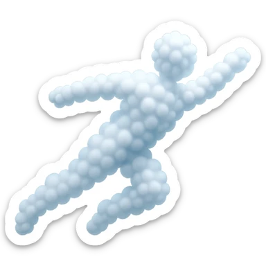 a person flying, entirely made of small, very bright white fluffy convex clouds, minimalist, airy, glowing, matte glass style, no background sticker