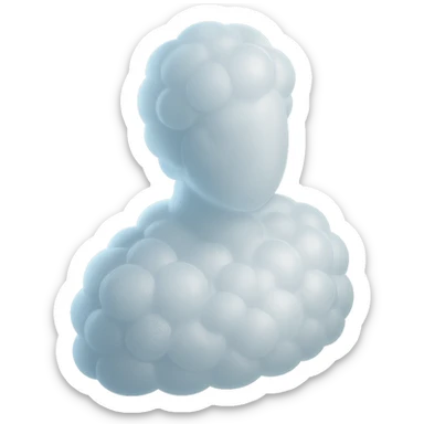 a person turned straight, fully made of white fluffy convex clouds up to the shoulders, matte glass style sticker