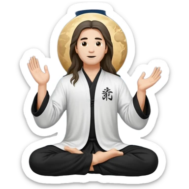 homme au cheveux long qui pratique le qi gong, habits noirs ou blancs,dans la position suivante : le ciel et la terre communiquent sticker