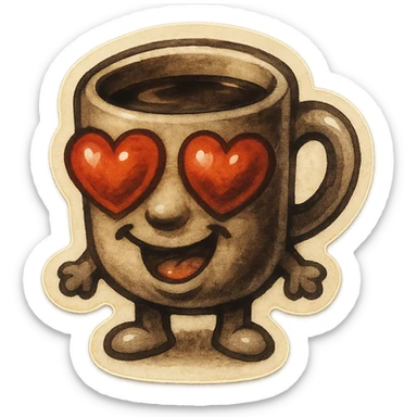 Ink wash style, coffee cup creature, big heart eyes, dopey smile sticker
