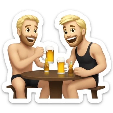 Two brown haired men and one blonde haired man sitting at a table drinking beer in a swimsuit. They are laughing sticker