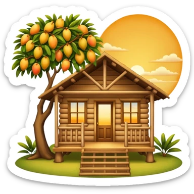 Warm wooden cabin with front porch under a mango tree branch, sunset sky in the background. Cozy, peaceful, emoji-style with soft edges and golden tones. sticker