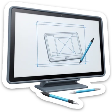 Create an emoji for 3D visualization and modeling. Show wireframe model that pops out from the screen of a large graphic tablet with a stylus drawing in a 3D modeling program. Use modern, professional colors. Do not include any emojis or smiley faces. Make the background transparent. sticker