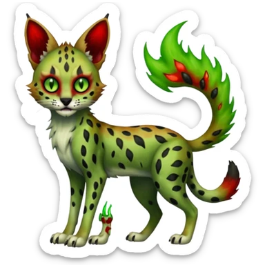 Dark-deep-blackish-Greenish Zombie-serval, full body, with green spectral haunted flames, big white claws, slit pupils, big red eyes,  sticker