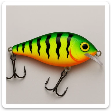 Edit the image of a Rapala fishing lure in side view to have the firetiger colorway, featuring vibrant orange, black stripes, and yellow accents typical of the firetiger pattern. sticker
