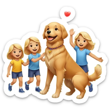 A Golden Retriever playing with children in a park, joyful interaction, warm sunlight, natural smiles, photorealistic family scene. sticker
