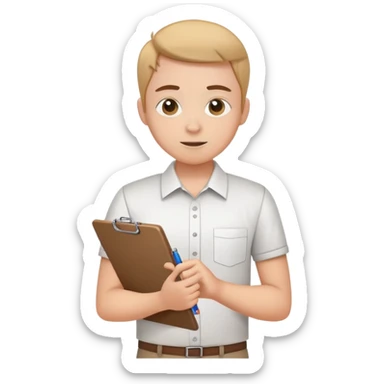 intern or volunteer holding a clipboard and pencil, ready to take notes or assist. The character wears a simple shirt and has an eager posture sticker