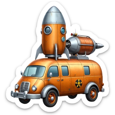 Heroic SuperBug Ron’s exterminator superminator antique rocket-powered tall robot transit van (motto: Bombing creepy bugs is fun) sticker