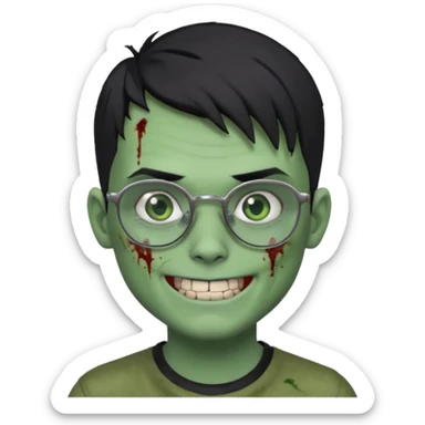 zombie boy, modern hair, green skin, black hair, glasses, risk on the eyebrow, scars, creepy expression, smile, silver teeth sticker