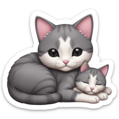 dark grey and white small cat with eyes closed, leaning his head on his paw while leaning on his elbow lying down sticker