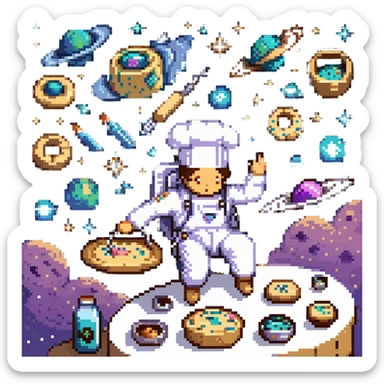 An interstellar baker crafting cookies in zero gravity, using stardust and planetary spices. The kitchen orbits a nebula, with floating tools and anti-gravity dough. UI features galactic swirls, shimmering constellations, and planetary icon sticker