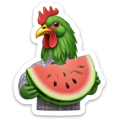 A COCKEREL IN AN EMBROIDERED SHIRT WITH A WATERMELON IN HIS HANDS sticker