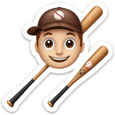 A wooden baseball bat with a friendly face including eyes, nose and smiling mouth sticker