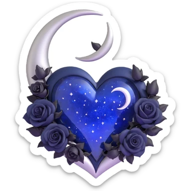 gothic heart in midnight blue glass with silver crescent moon, tiny black roses, shimmering stardust, no magical glowing aura sticker