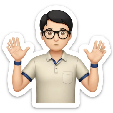 professor with black hair and glasses wearing shirts, no mustache, with hands positioned as if grabbing an invisible rugby ball sticker