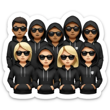 Gang wearing all black with black hoodies that say “Havoc”.with black sunglasses sticker