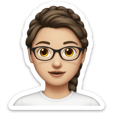 white girl with dark brown hair with two ponytails in a white shirt with pink on her face and wearing glasses sticker