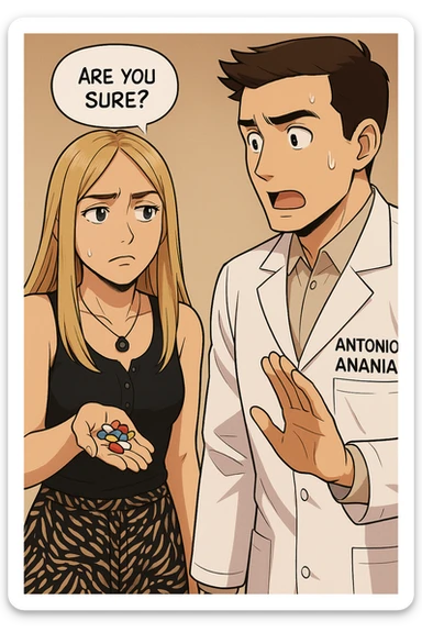 fai un webtoon/manga a colori con questo kinesiologo in camice bianco (fagli la scritta "ANTONIO ANANIA" SUL CAMICE) CHE PARLA CON QUESTA RAGAZZA CON GLI OCCHI AZZURRI. LA RAGAZZA HA UN PUGNO DI INTEGRATORI IN MANO (TANTE PILLOLE DIVERSE) E LE GUARDA DUBBIOSA. IL KINESIOLOGO CON IL CAMICE BIANCO LE DOMANDA UNA COSA SCIOCCATO. NON FARE I FUMETTI, FAI SOLO LORO COME SE DIALOGASSERO sticker