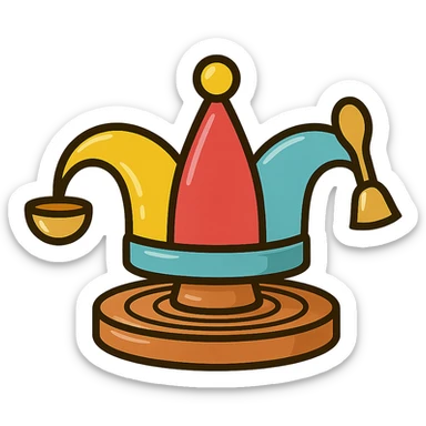 vector logo of a jester's hat with ceramic glaze texture, pottery wheel base, one bell is a clay bowl, another is a wooden spoon, warm inviting colors yellow, sky blue, raspberry red, playful yet elegant, suitable for culinary and pottery workshop brand sticker