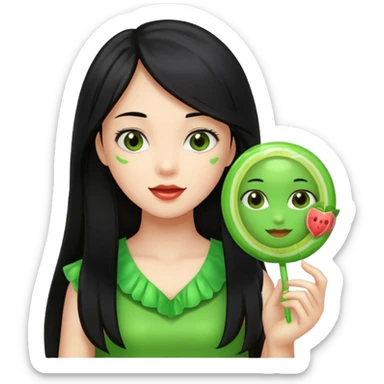 A girl with long black hair holding a piece of green hard candy in one hand and a green candy wrapper showing a guava on it in the other hand sticker