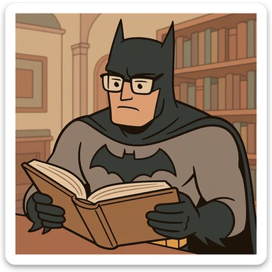 Batman with glasses, reading a large book, academic environment sticker