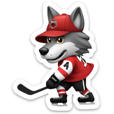 A wolf in a red black and white hockey uniform with a wolf emblem is playing hockey sticker