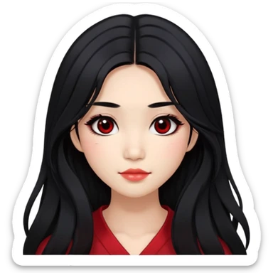 Asian girl with very long shaggy black hair, big black eyes. middle part hair. long lower lashes, cheekbones with red blush. big dimples. simple dark makeup.  sticker