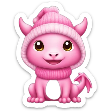cute, little Pink dragon, in sweater and Christmas hat. adorable happy kawaii style, colorful, clear outline, vector, simple white background, 8k, 3:2 sticker