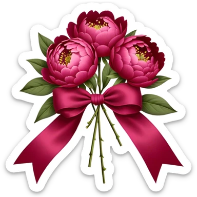 peonies in Persian red color tied with silk aesthetic ribbon of powder raspberry color in glamour vintage theme sticker