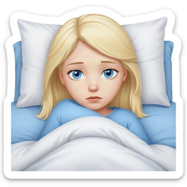 Sad blonde girl blue eyes in bed sticker