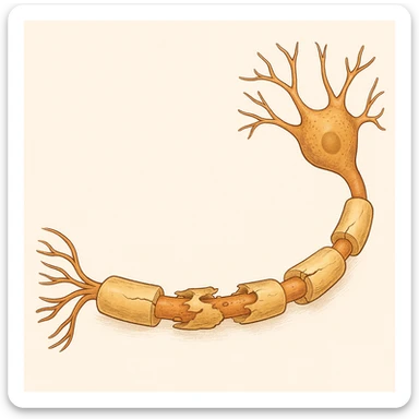 axon with myelin sheath deteriorating, visible gaps and damage, medical illustration style sticker