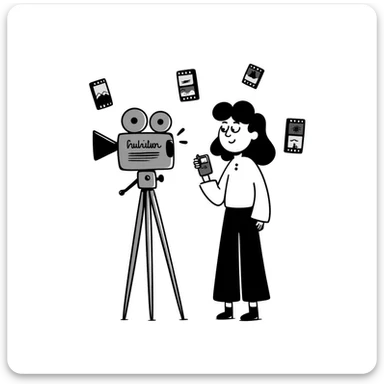 Hand-drawn film strips and an old school film camera with a photographer sticker