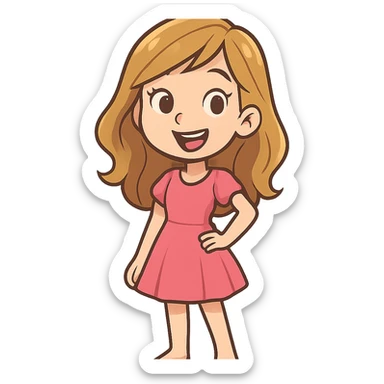 pretty girl with bronde hair in a pink dress, smiling, standing pose, cartoon style sticker