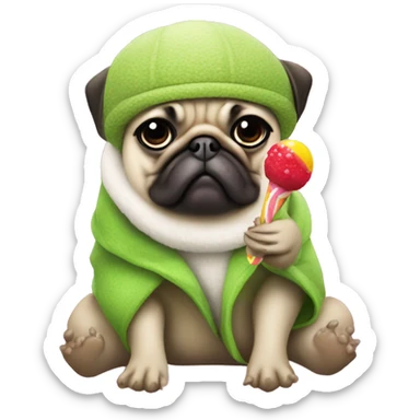 Pug wearing Ugg slippers and a frog hat eating a lolly sticker