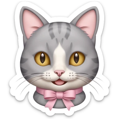 Head of a grey cat, smiling, with a loose ribbon on top of its head sticker