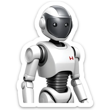 ASIMO robot, white humanoid robot by Honda with helmet-like head sticker