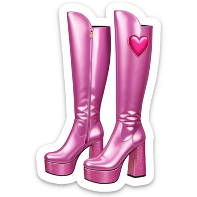 glittery pink platform knee high gogo boots with heart on side sticker